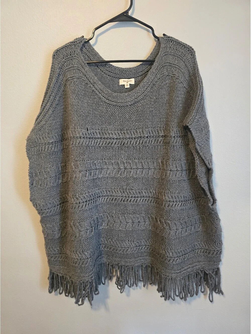 World Market Gray Cable-Knit Fringe Poncho Sweater (OS)